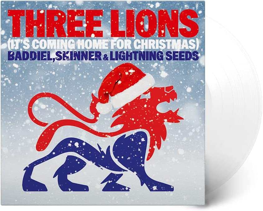"White vinyl record with a blue and red lion cover art."