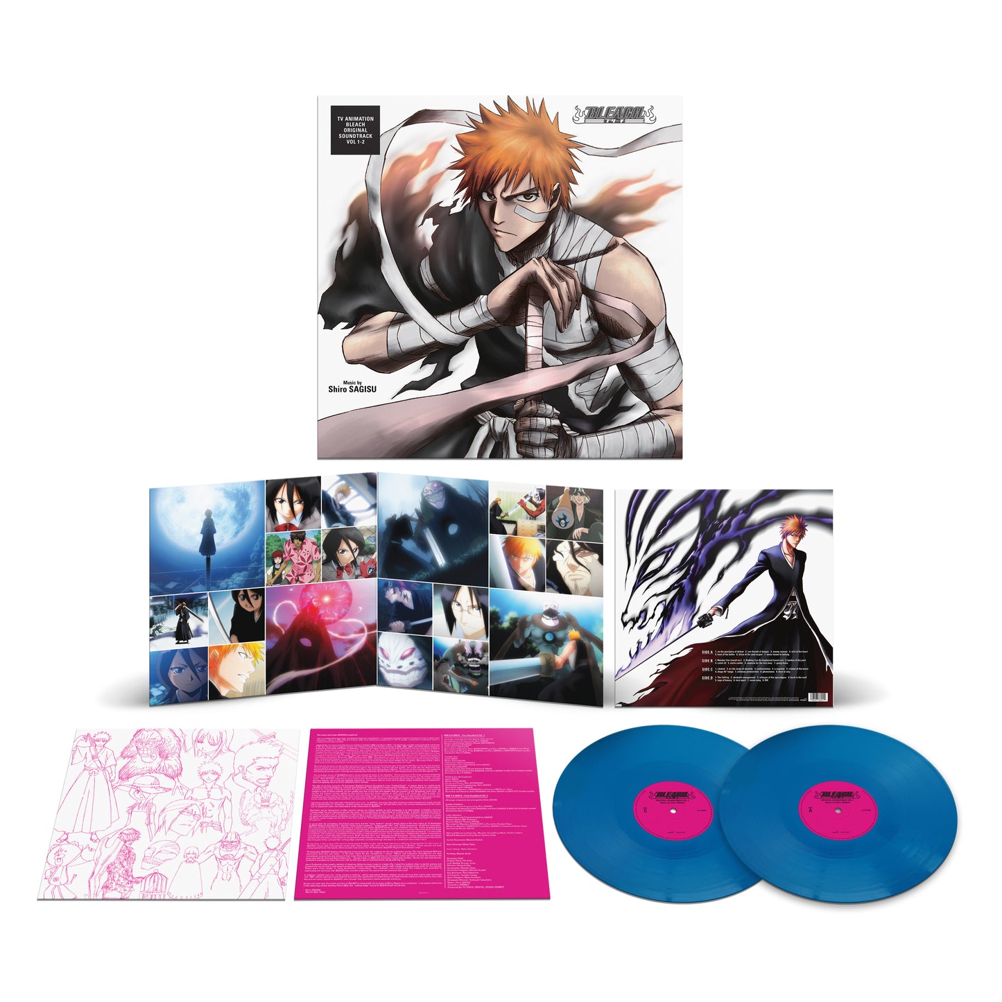 Bleach original soundtrack vinyl set featuring Ichigo Kurosaki artwork, gatefold sleeve, and blue discs.