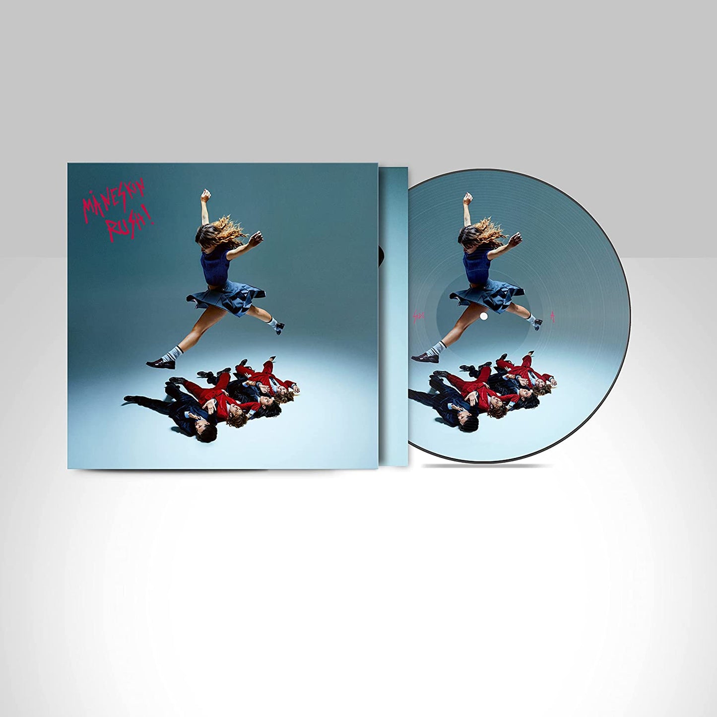 "Blue vinyl record and cover with a jumping girl and band members."