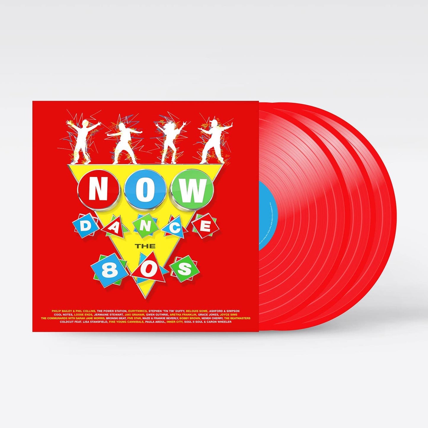 Red vinyl 3LP set, “NOW Dance - The 80s” with dancing figures artwork.