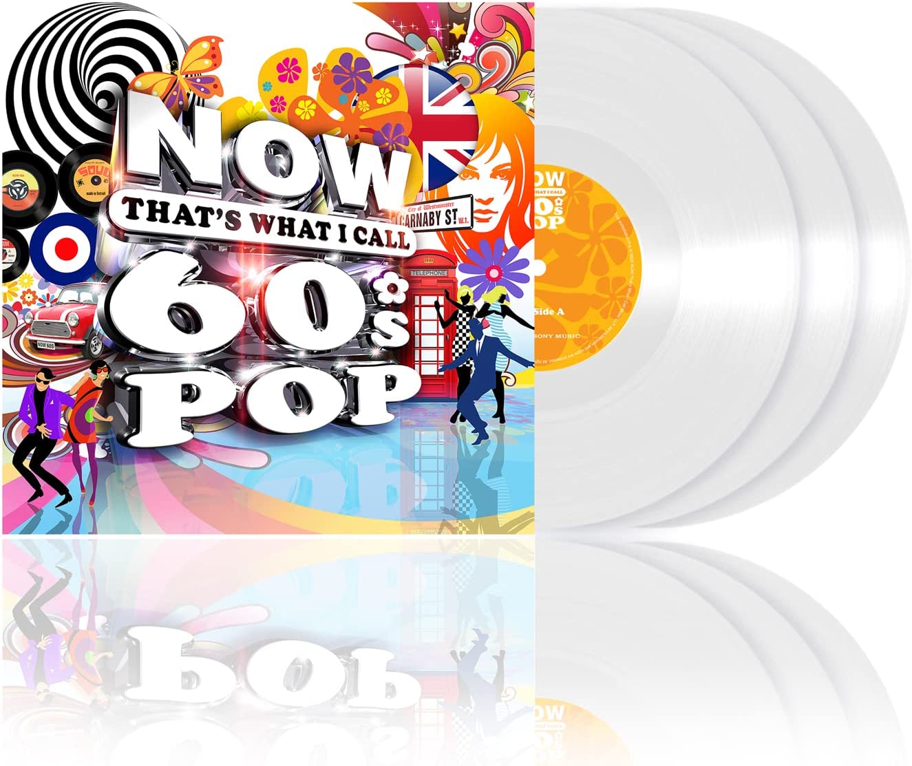 "Three white vinyl records and a colorful album cover with 60s pop theme."