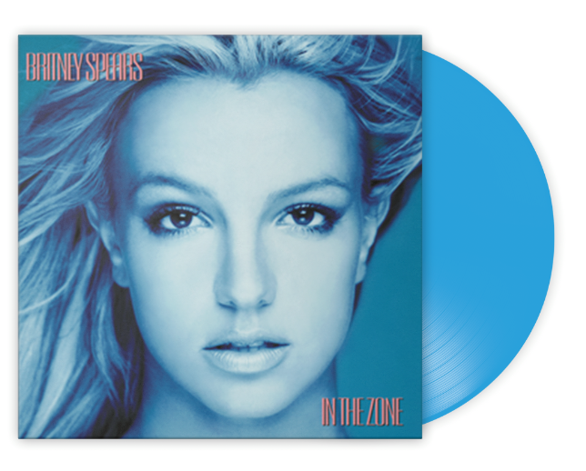 Blue vinyl record with cover featuring a close-up of Britney Spears' face in blue tone.