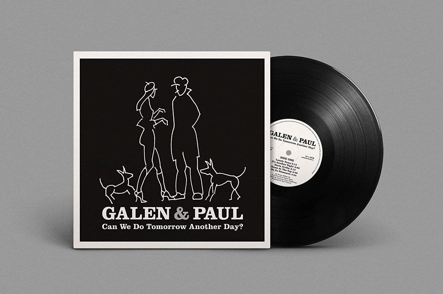 Vinyl record with black cover featuring line-art figures and text.