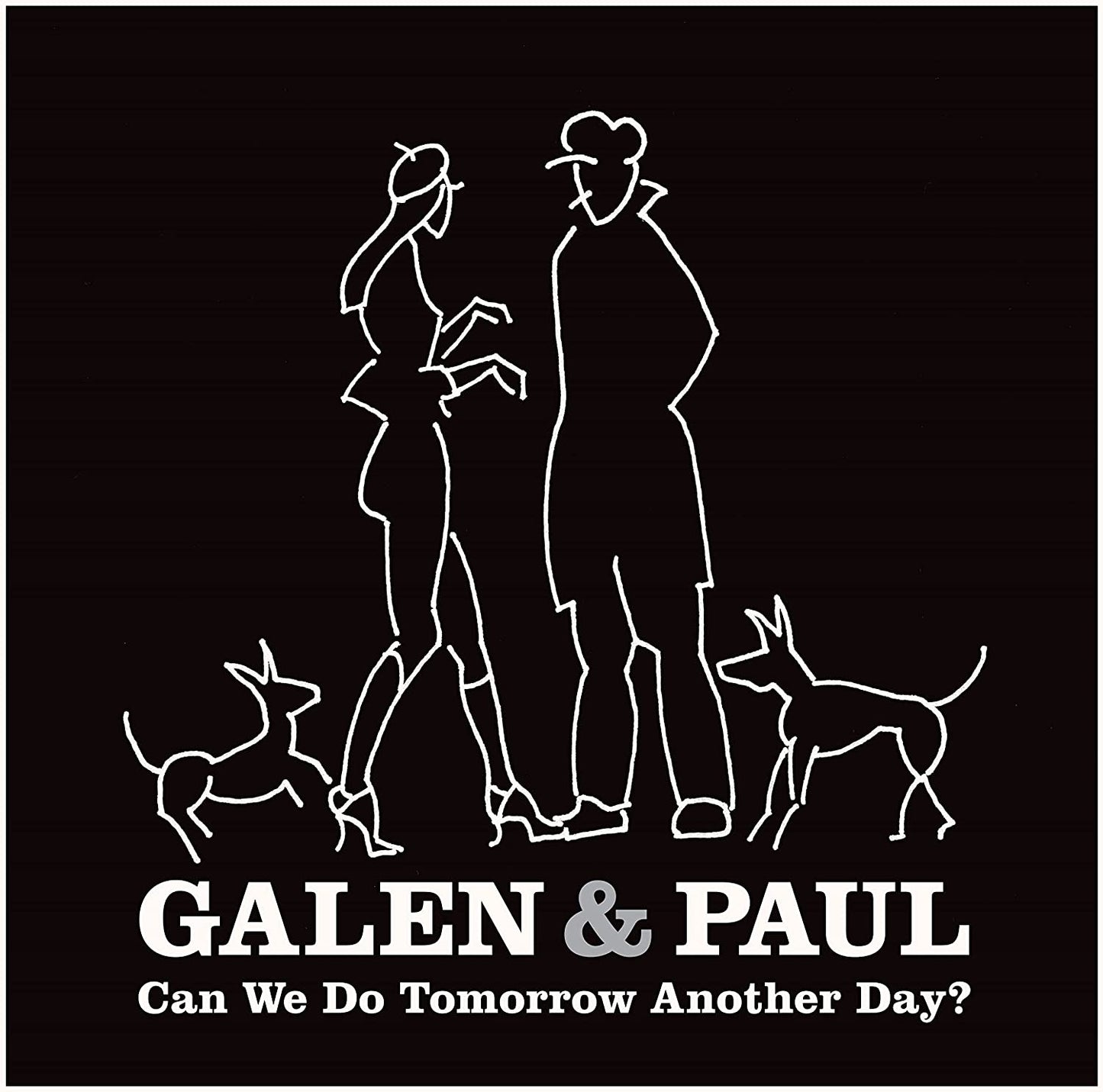 "Black album cover with white line art of couple and dogs, text 'Galen & Paul'."