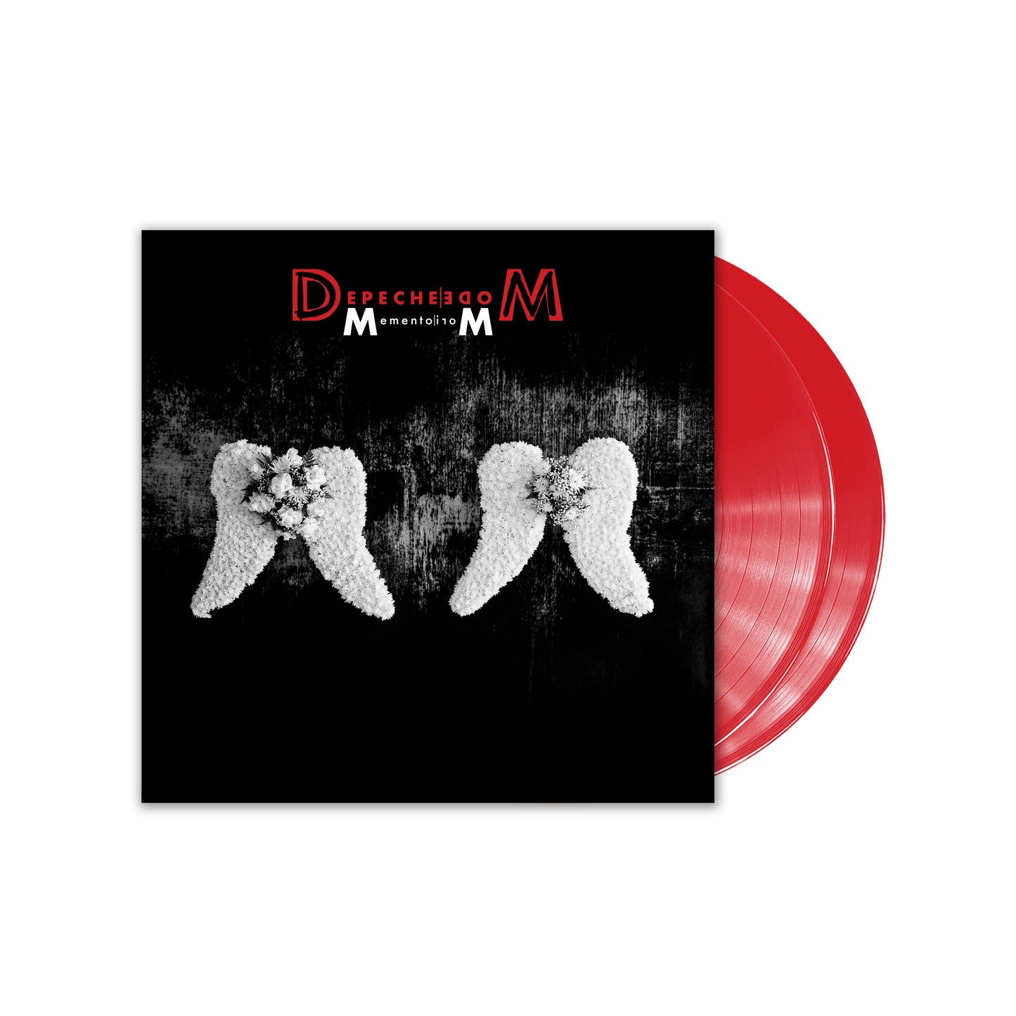 "Red vinyl record with black cover featuring white floral hands and Depeche Mode logo."