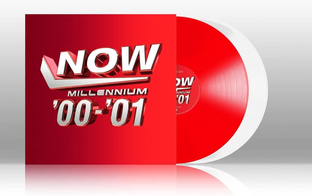 Red vinyl record with matching sleeve, titled "NOW Millennium '00-'01".