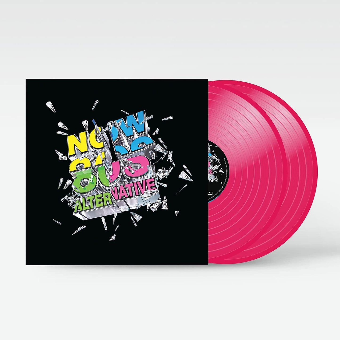 "Pink vinyl record with black sleeve, featuring 'NOW 80s ALTERNATIVE' in colorful, shattered text."