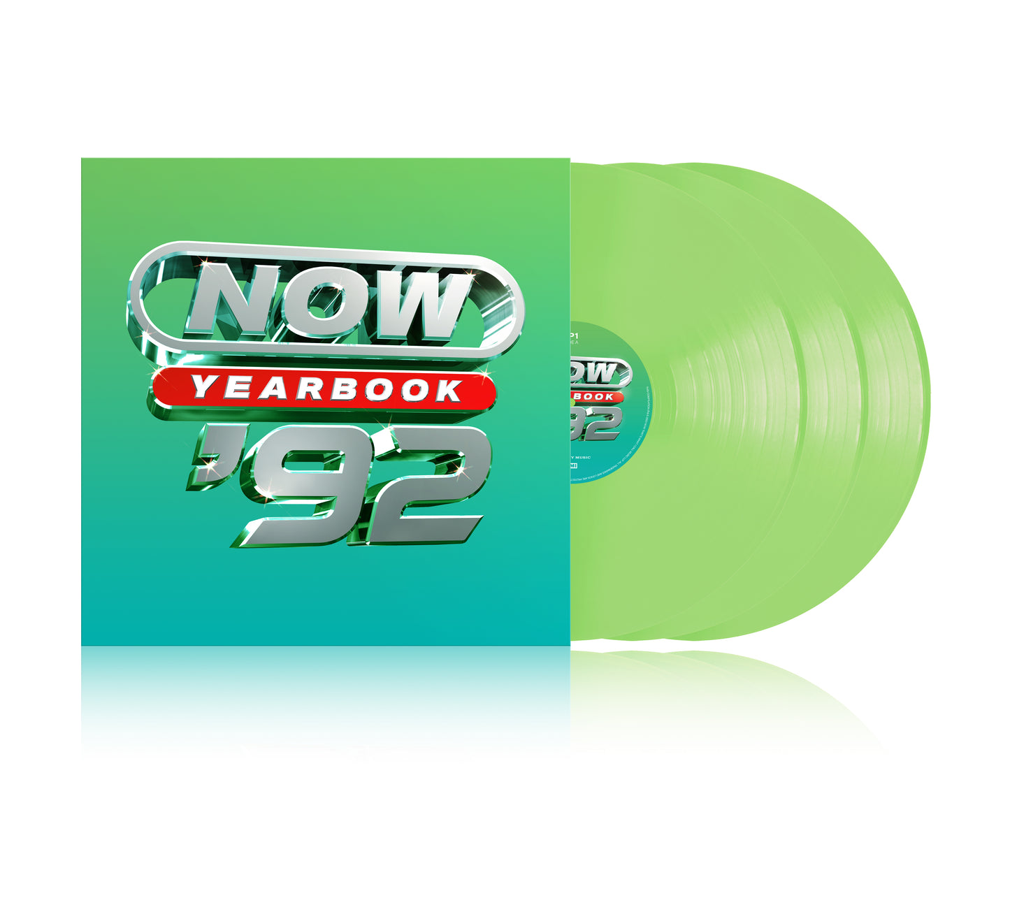 "Green vinyl record with 'NOW YEARBOOK 92' cover art, displayed partially out of sleeve."