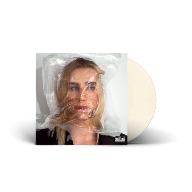 Vinyl record album cover featuring a woman's face wrapped in plastic wrap.