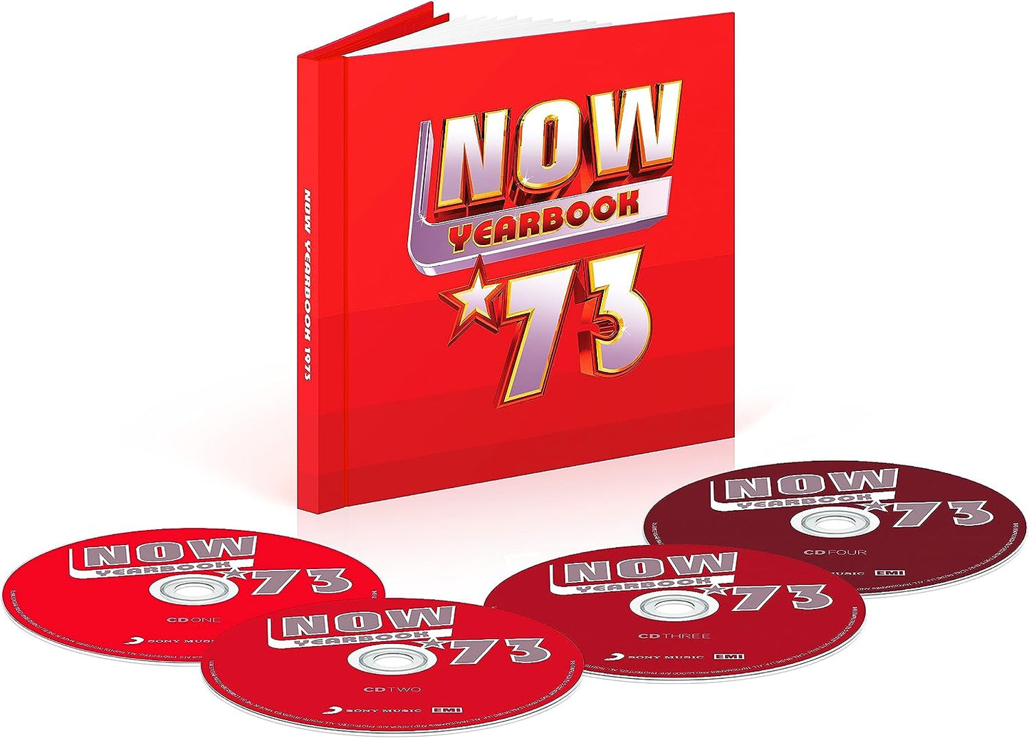 Red book titled "NOW YEARBOOK 73" with four matching CDs.