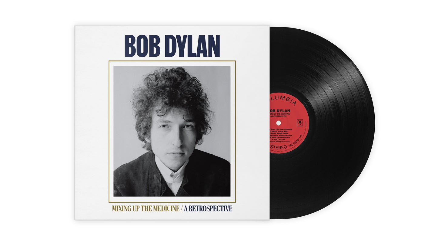Bob Dylan album cover, "Mixing Up The Medicine," featuring a portrait and vinyl record.