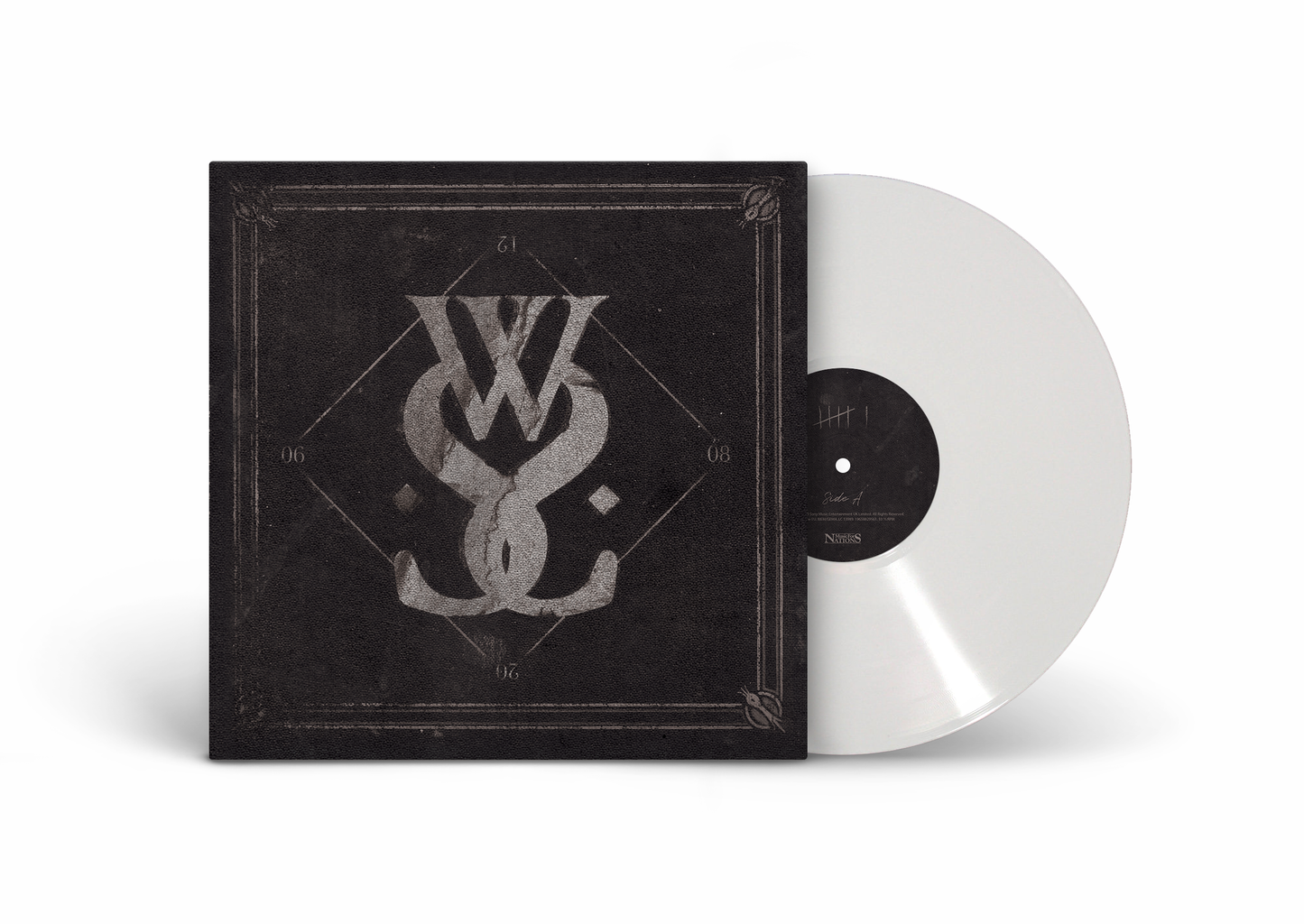 "Black vinyl record sleeve with white logo, partially revealing a white vinyl record."