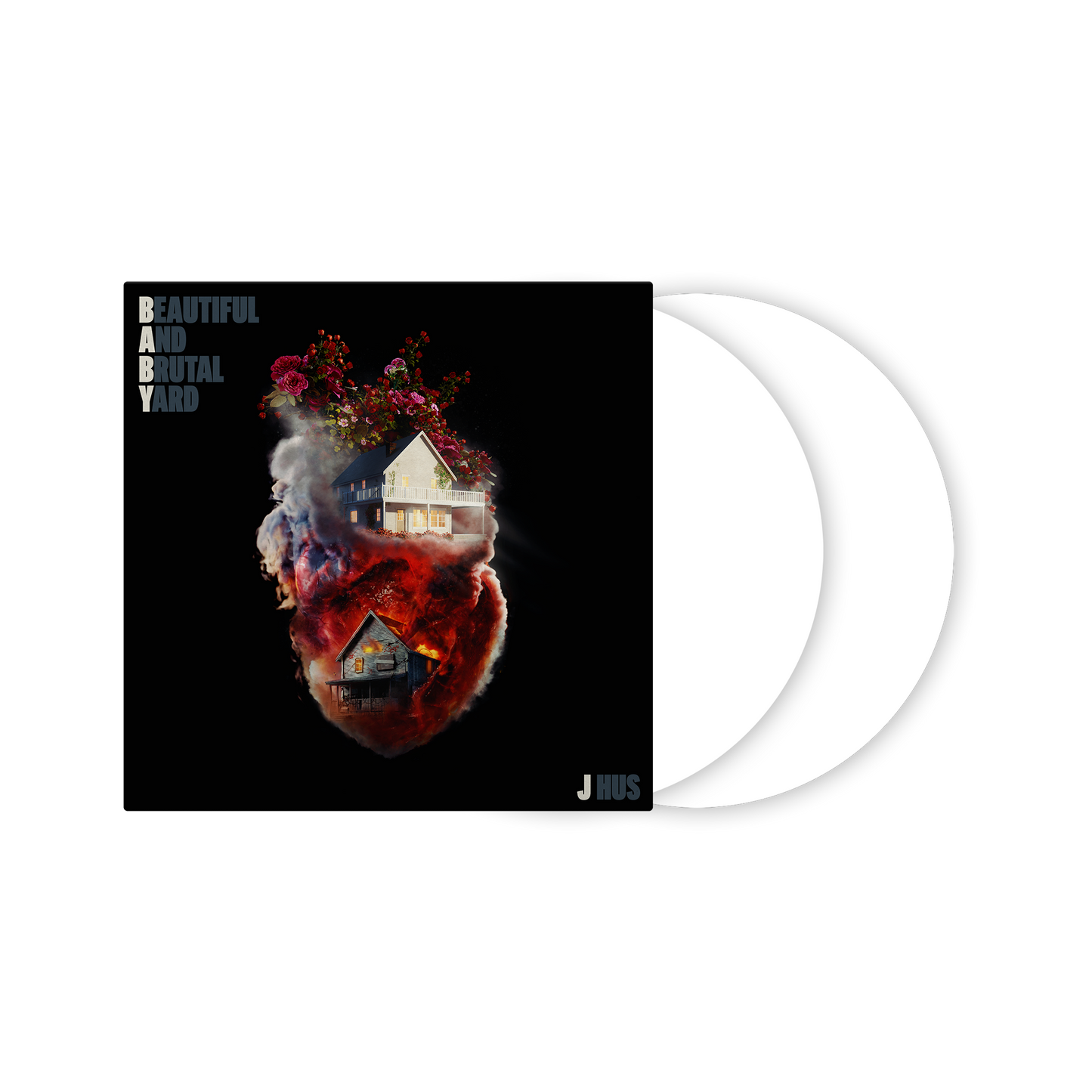 "Vinyl record sleeve with a black cover featuring a house in a face."