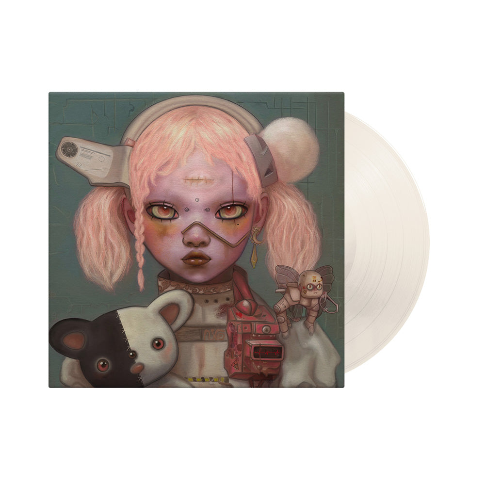 "Vinyl record with cover art featuring a girl with pink pigtails and robotic elements."