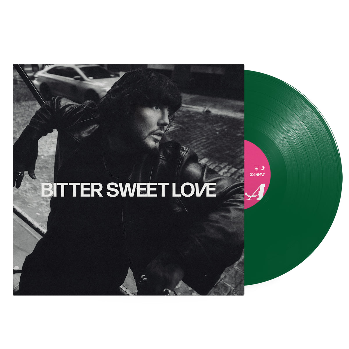 Green vinyl record with black and white portrait of James Arthur.