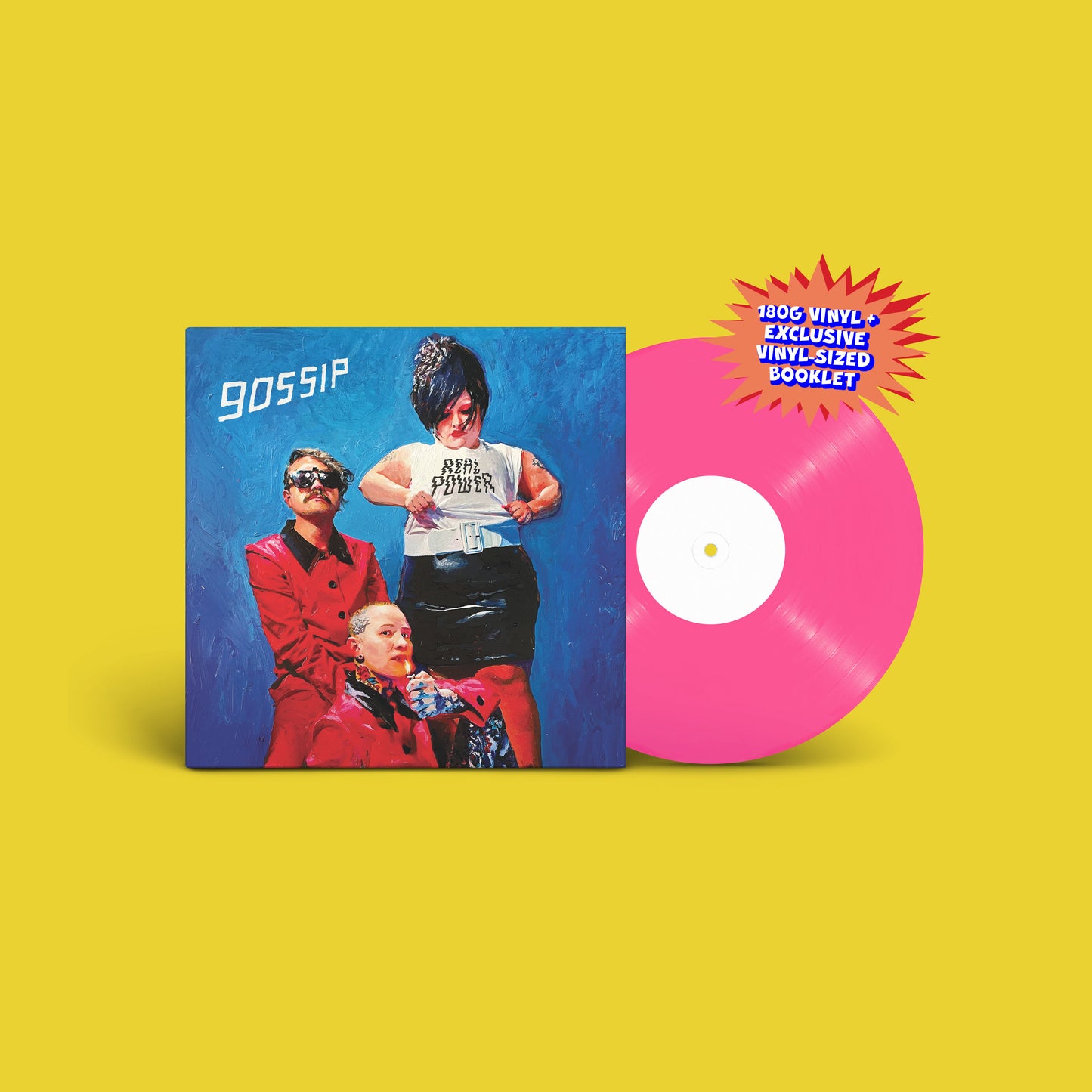 Gossip's "Real Power" vinyl record, pink disc and illustrated cover.