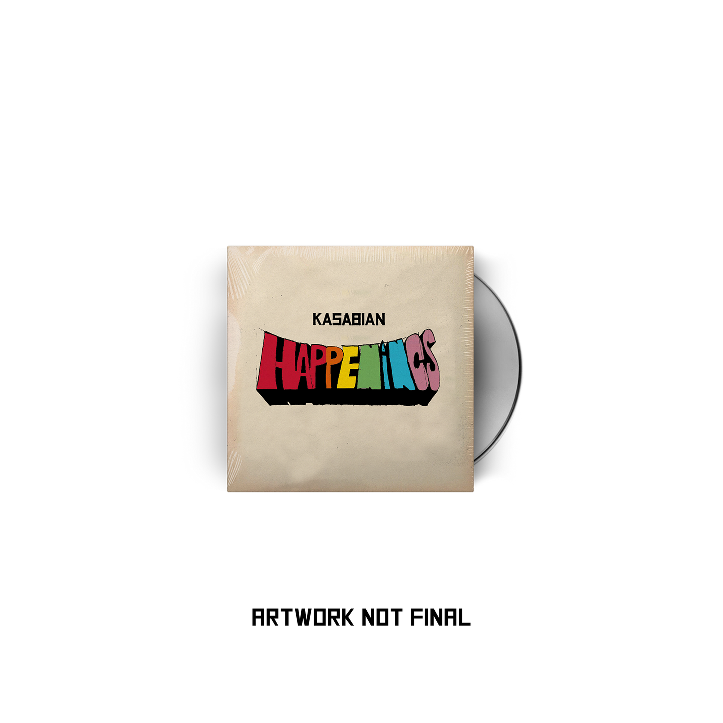 Kasabian "Happenings" CD packaging with colorful cover art and sun-themed disc.
