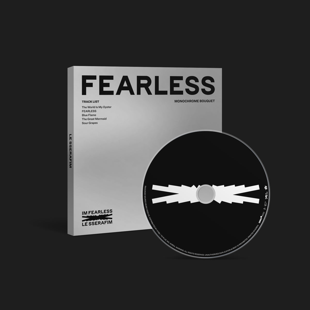 LE SSERAFIM "FEARLESS" CD in monochrome packaging with tracklist and floral design.