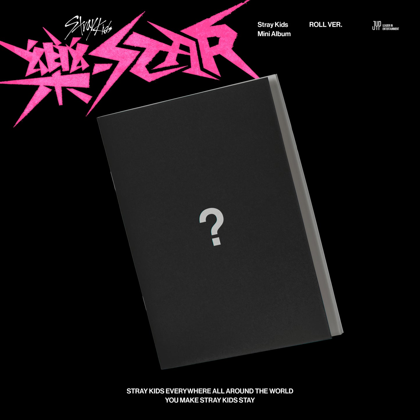 Black Stray Kids “ROCK-STAR” album cover with pink text and a question mark.