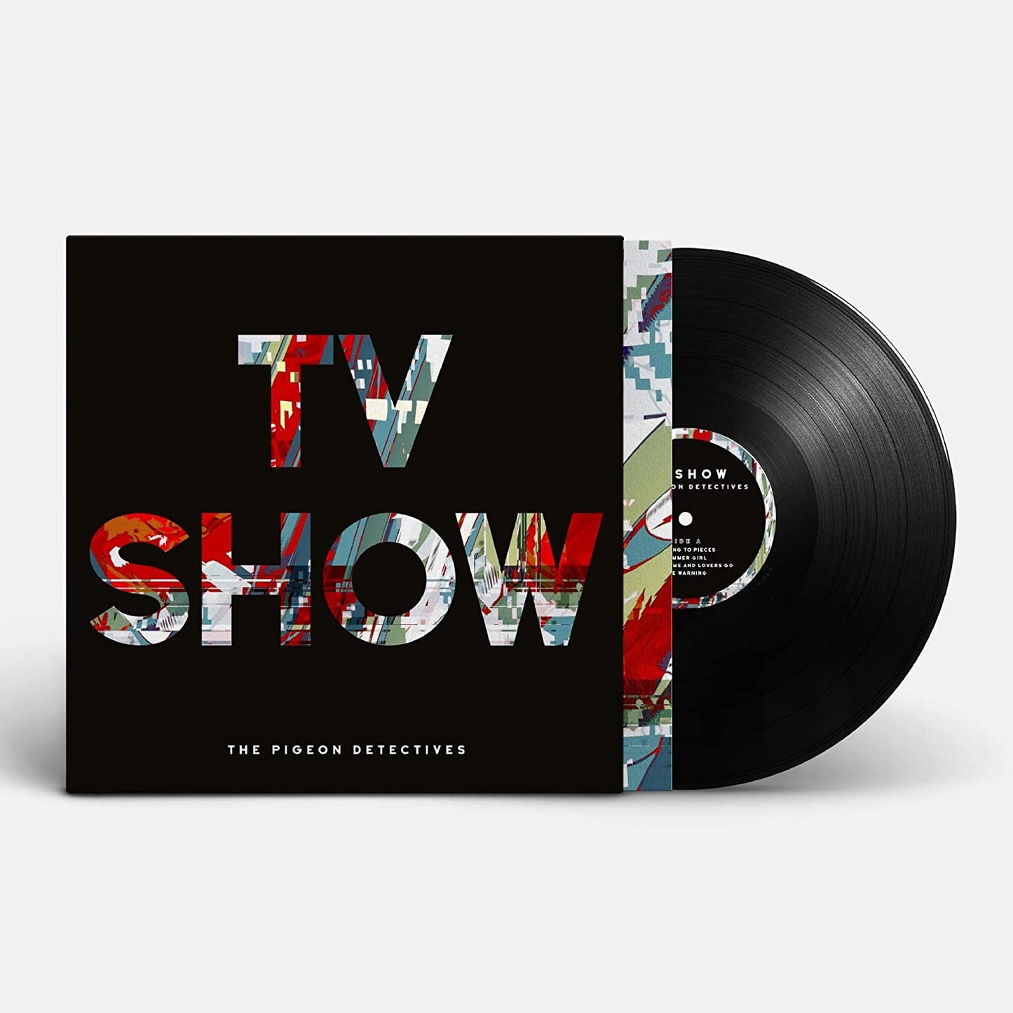 Black vinyl record with colorful, glitch-effect "TV SHOW" cover art.