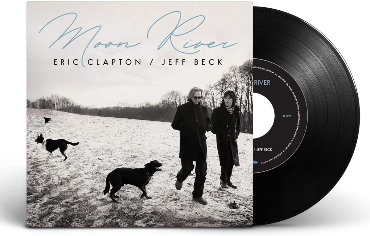 Vinyl record sleeve with black and white photo and "Moon River" in blue script.