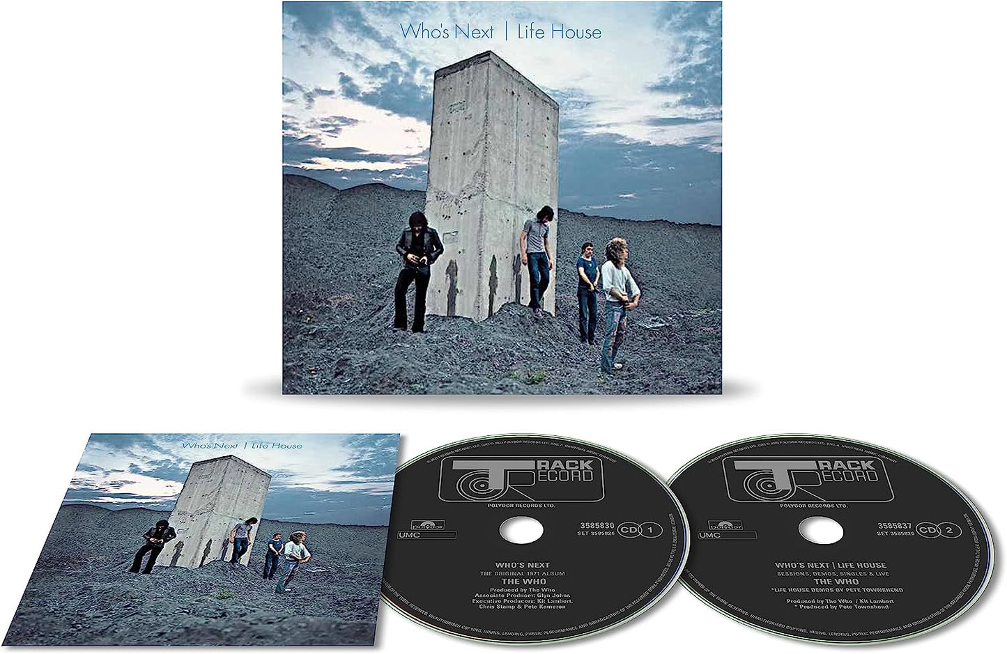 "Two-CD set with album cover featuring men standing by a concrete monolith."