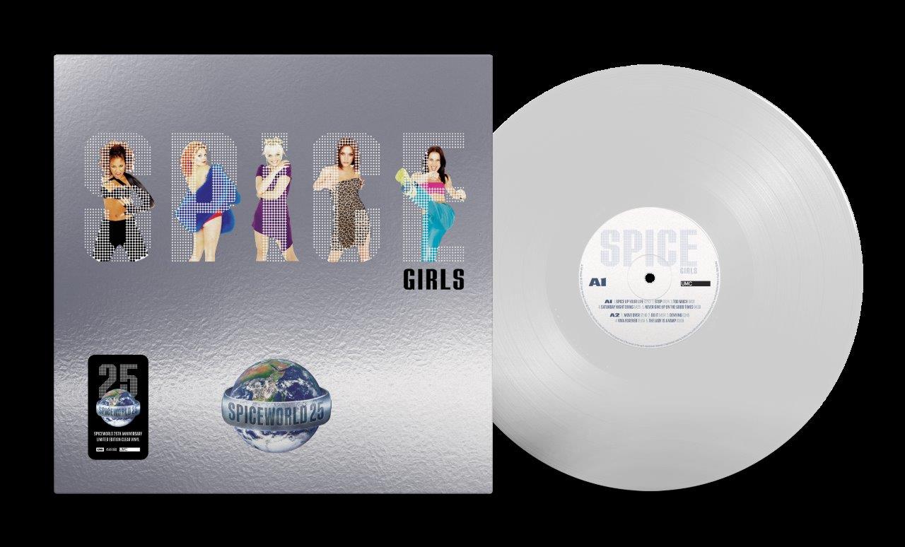 "Clear vinyl record with 'Spice Girls' label next to its gray album cover."