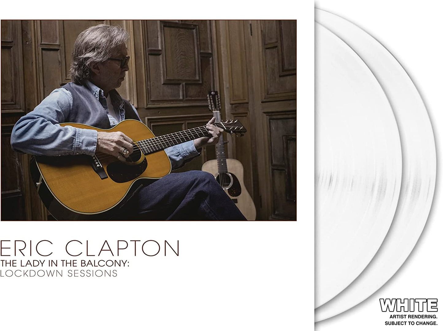 "Eric Clapton vinyl record album cover with white vinyl records and musician image."