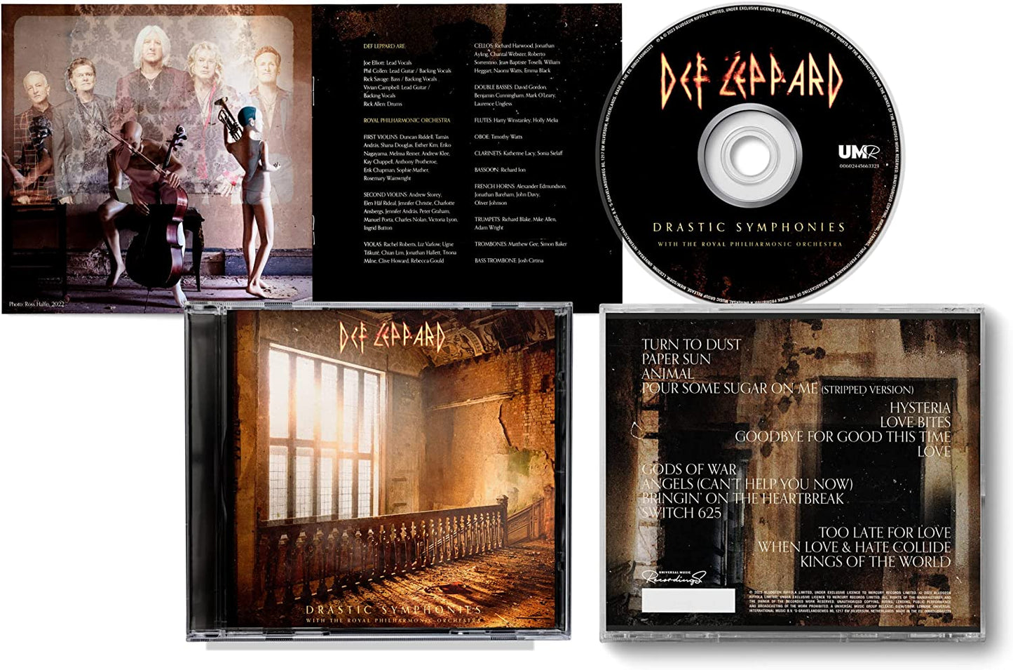 "CD case with disc and booklet, featuring Def Leppard and Royal Philharmonic Orchestra artwork."