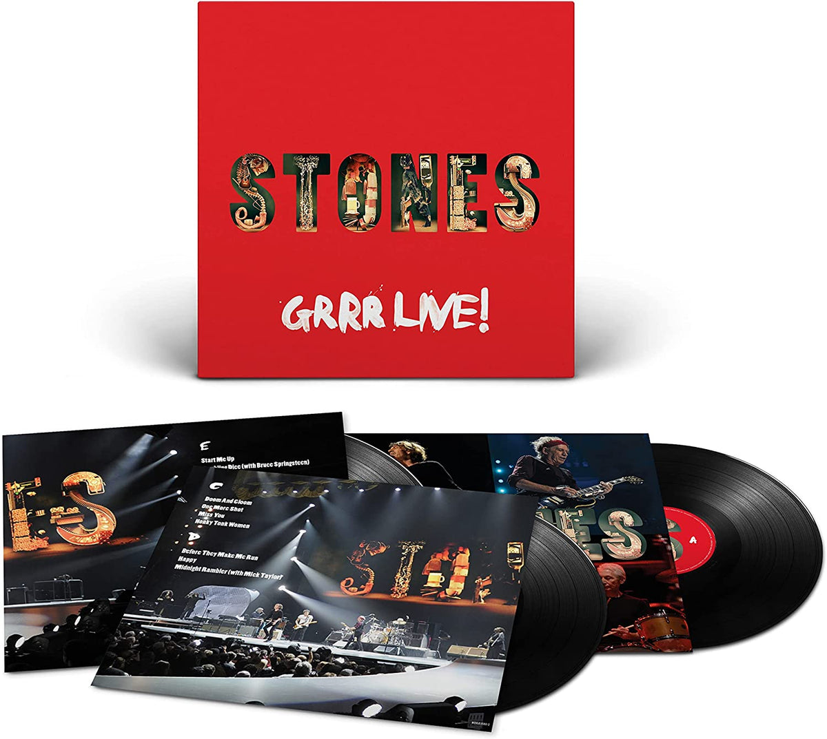 Red album cover for The Rolling Stones’ “Grrr! Live” 3LP vinyl set.