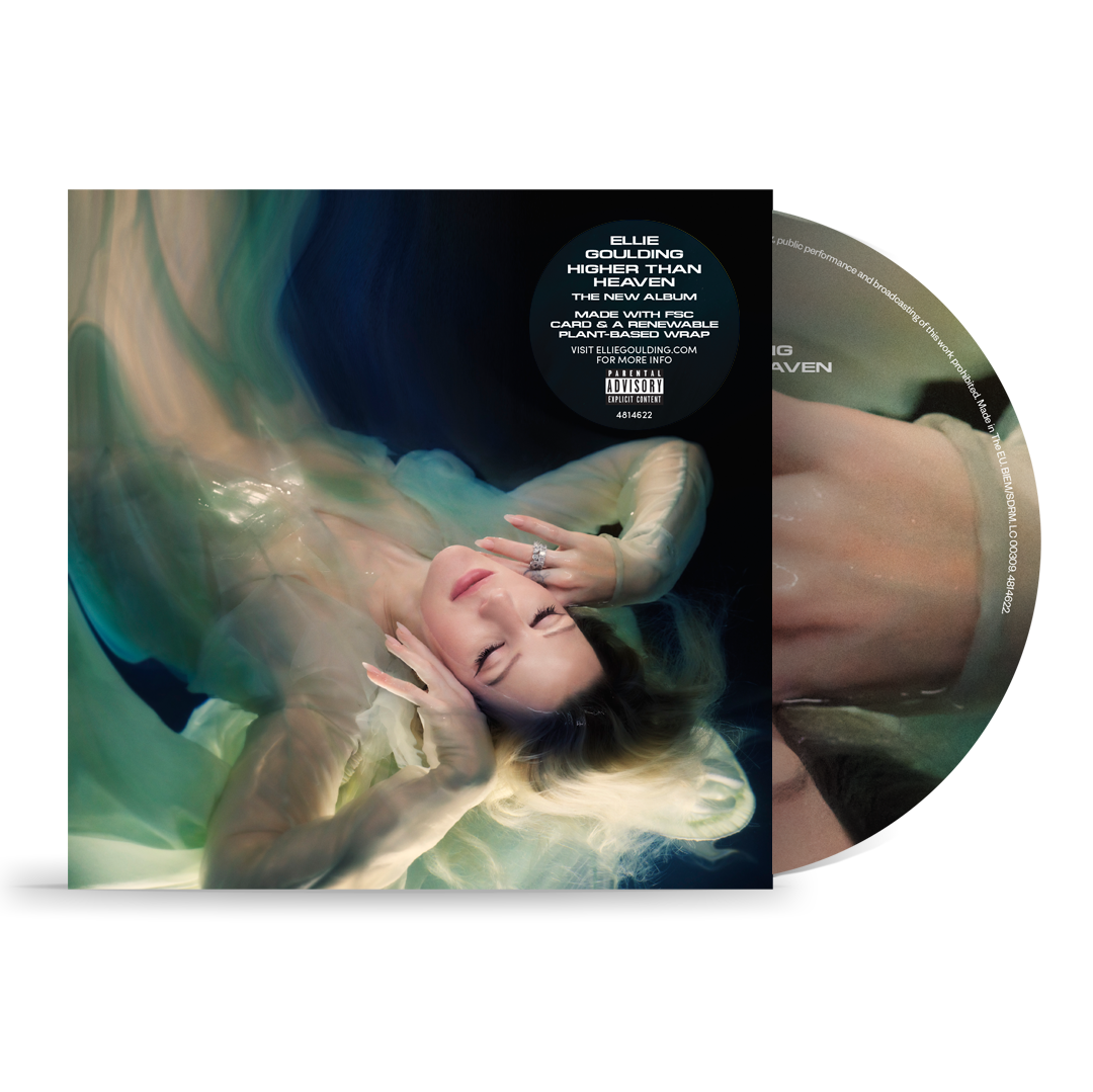 "CD case with a partially visible disc, featuring a woman floating underwater on the cover."