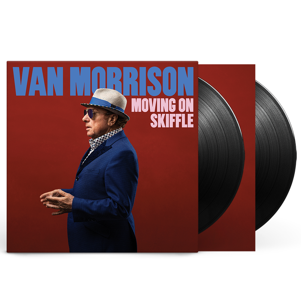 Van Morrison's "Moving On Skiffle" vinyl album cover with two black records visible.