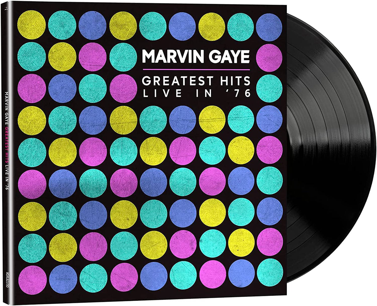 Marvin Gaye’s “Greatest Hits Live in ‘76” vinyl LP cover with colorful dots.