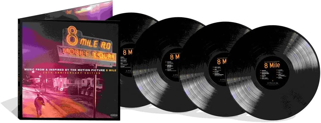 "Four vinyl records with '8 Mile' label, alongside a matching album cover."