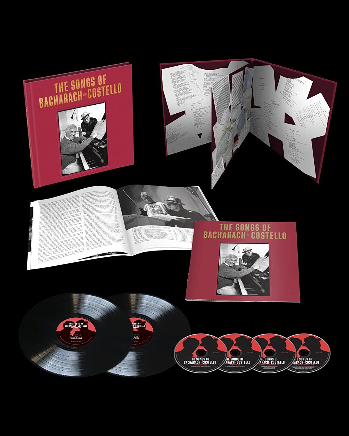 Red box set with vinyl records and CDs, featuring "The Songs of Bacharach and Costello".