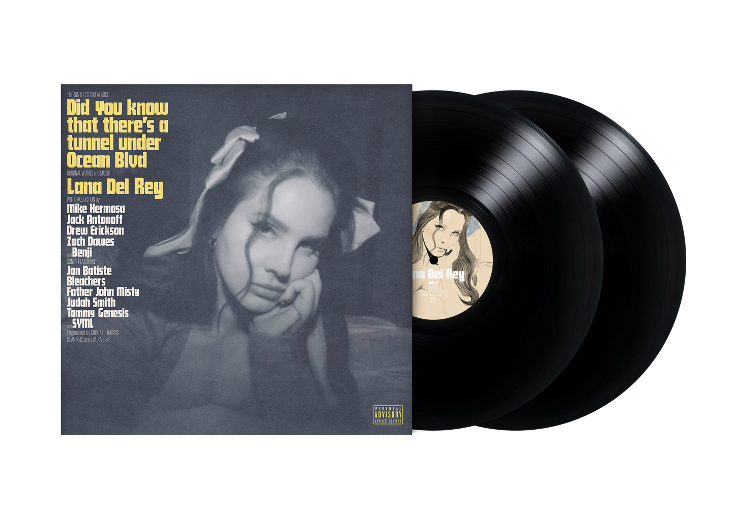 "Lana Del Rey album cover with vinyl records, featuring a black-and-white portrait."