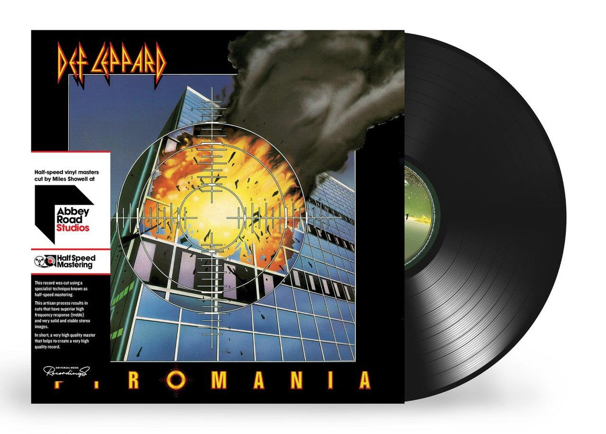 Def Leppard’s “Pyromania” vinyl record with a fiery, geometric cover design.