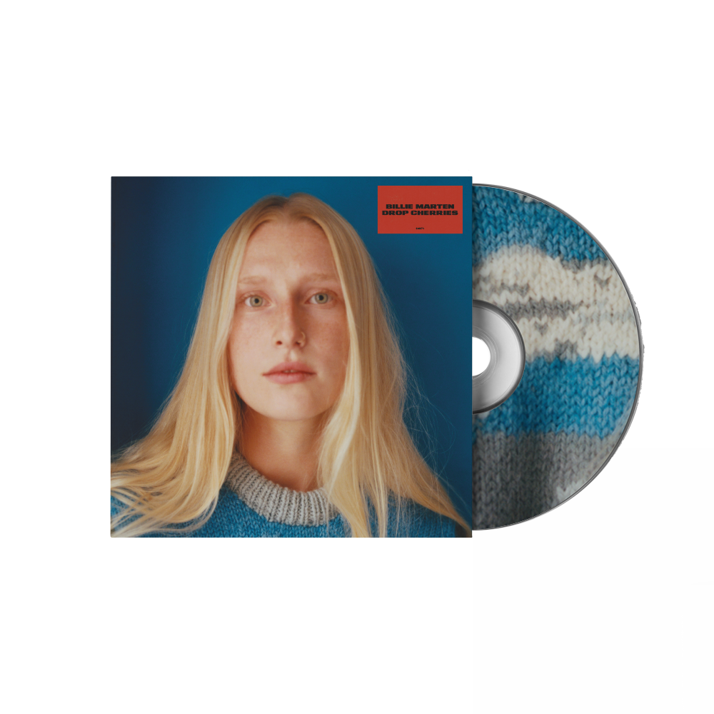 "CD case with a blonde woman and a blue, white, and grey CD."