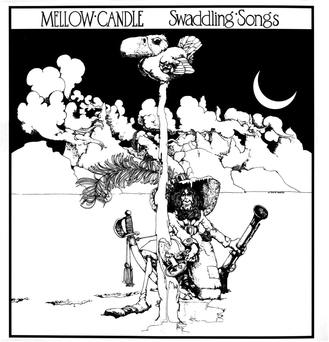Black and white album cover with a bird, man, and crescent moon.