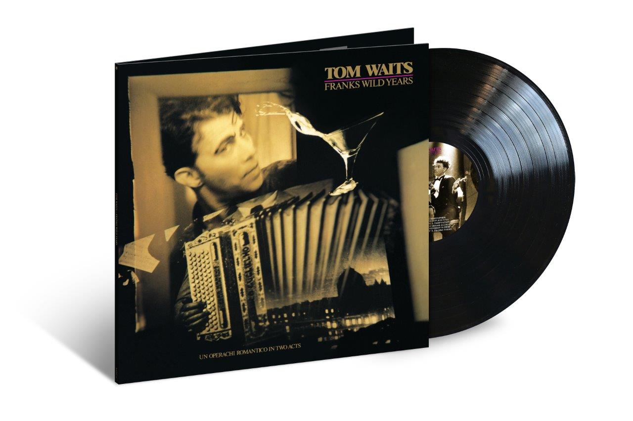 "Tom Waits vinyl record album 'Franks Wild Years' with sepia-toned cover art."