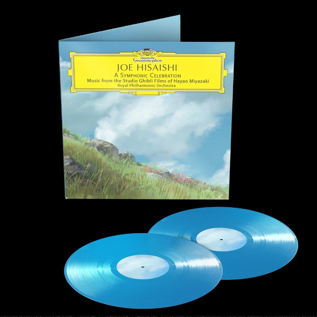 "Blue vinyl records with a sleeve featuring a serene landscape and yellow ticket design."