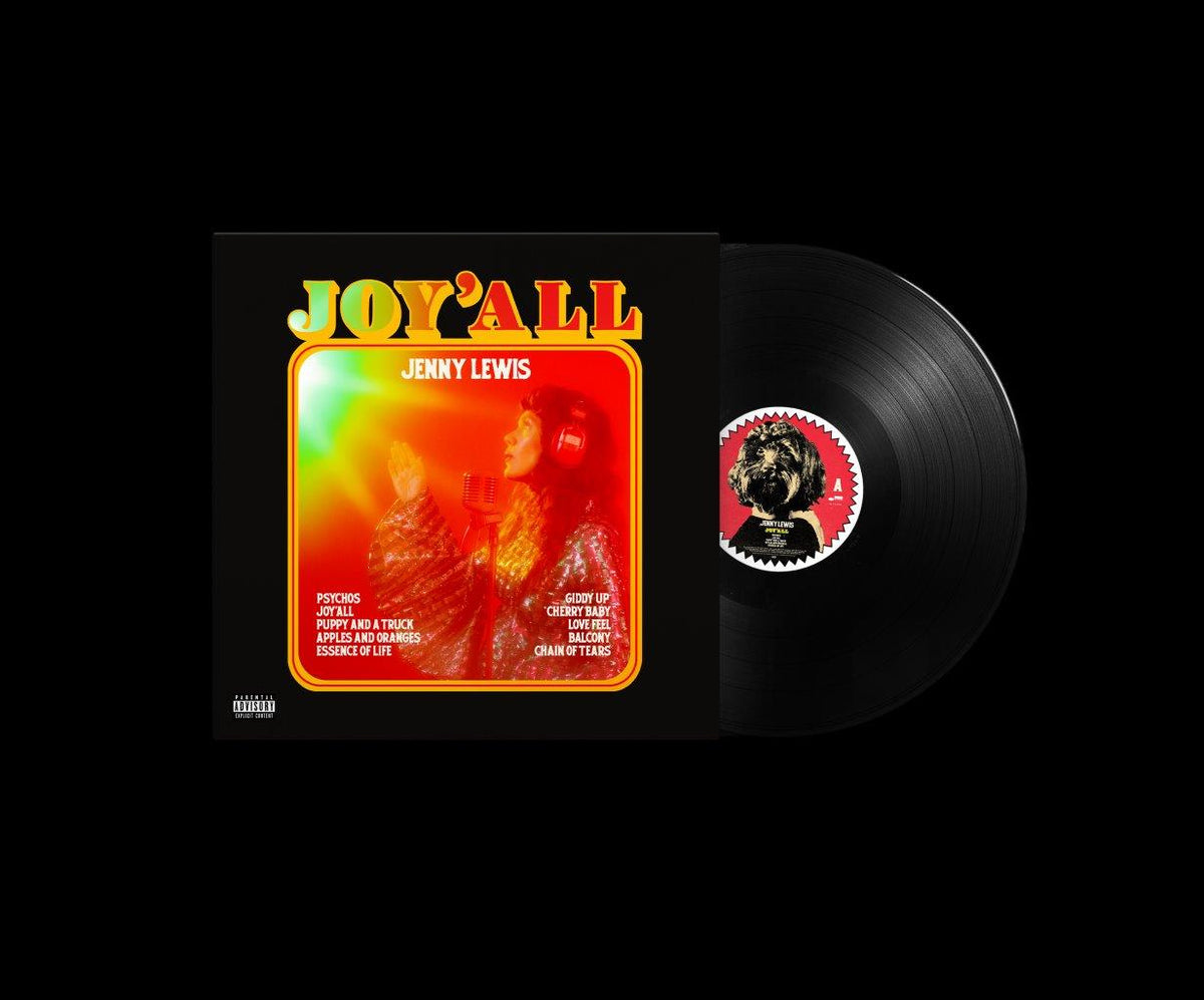 Jenny Lewis’ “JOYALL” vinyl record with a portrait and colorful design.