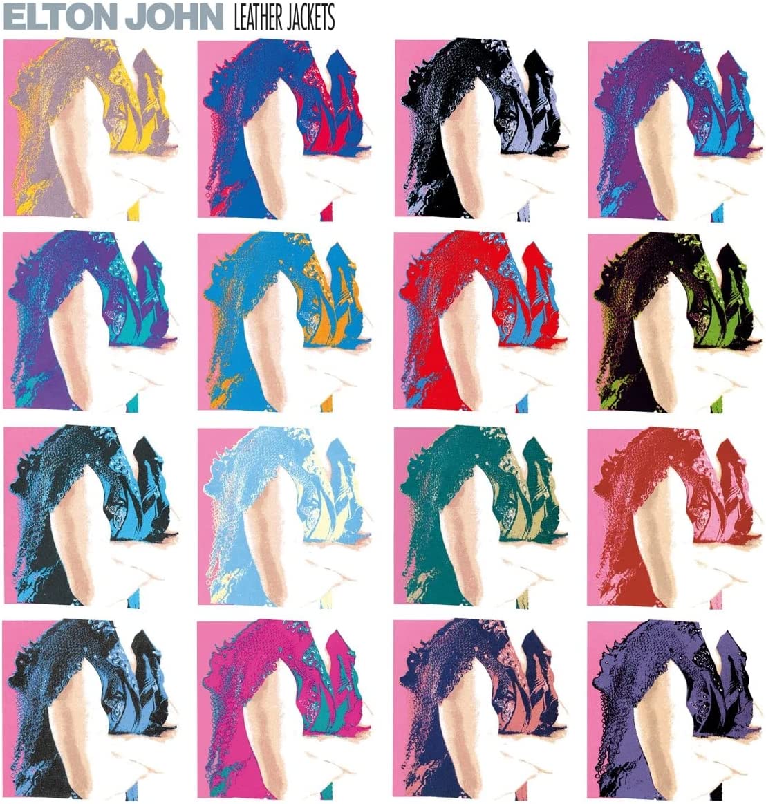 Album cover featuring a grid of sixteen Warhol-style color variations of Elton John.