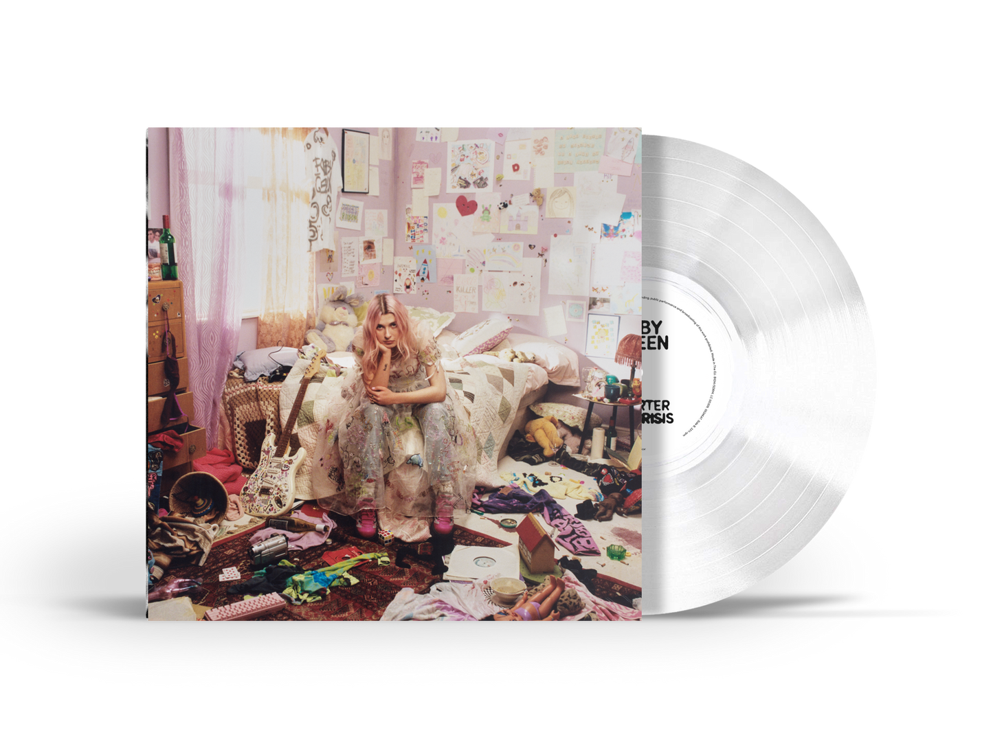 White vinyl record with cover art of a woman sitting in a messy room.