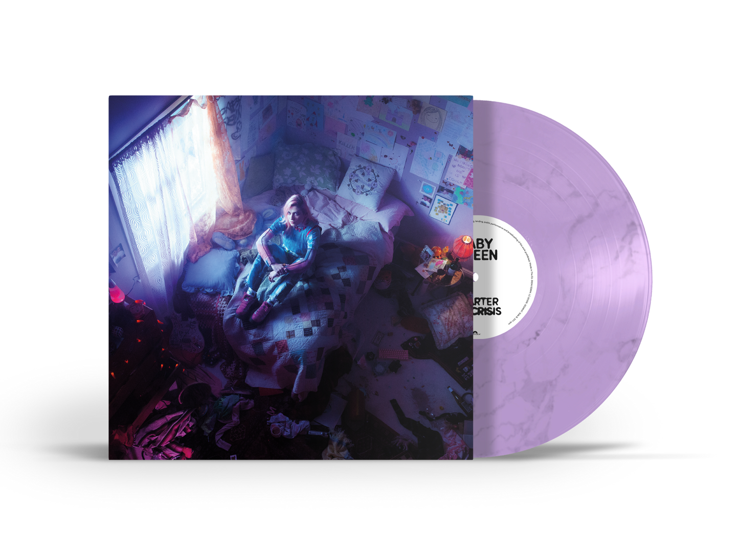 "Purple vinyl record with album cover featuring a messy bedroom scene."