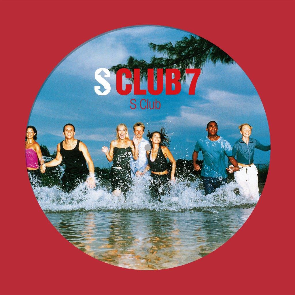 S Club 7 running through water on a circular record cover.