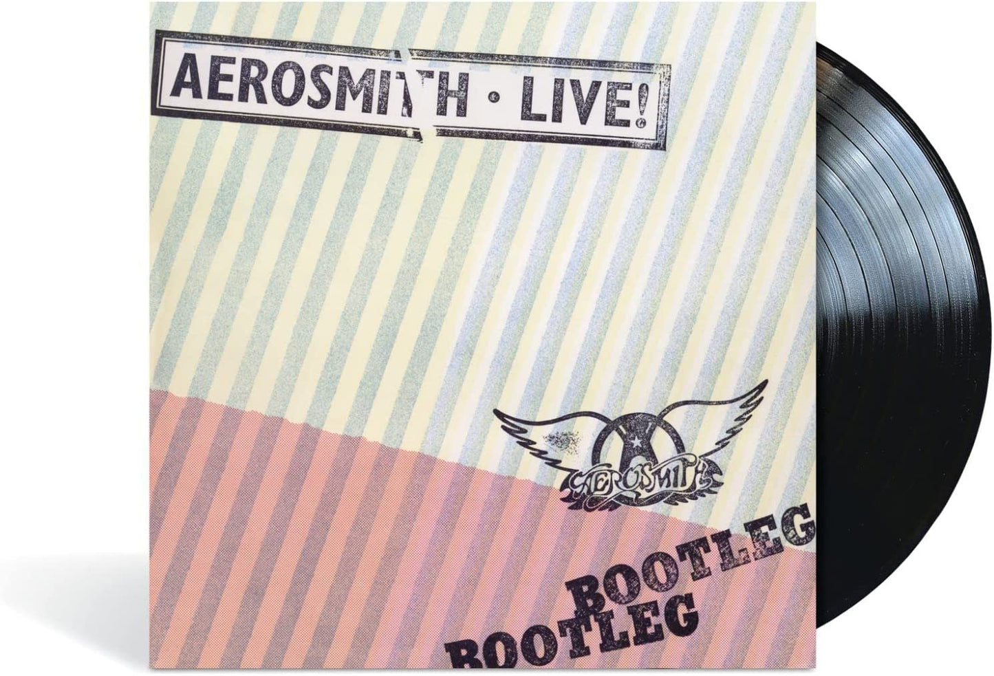 Vinyl record sleeve with "Aerosmith Live! Bootleg" cover art, partially covering a black vinyl.