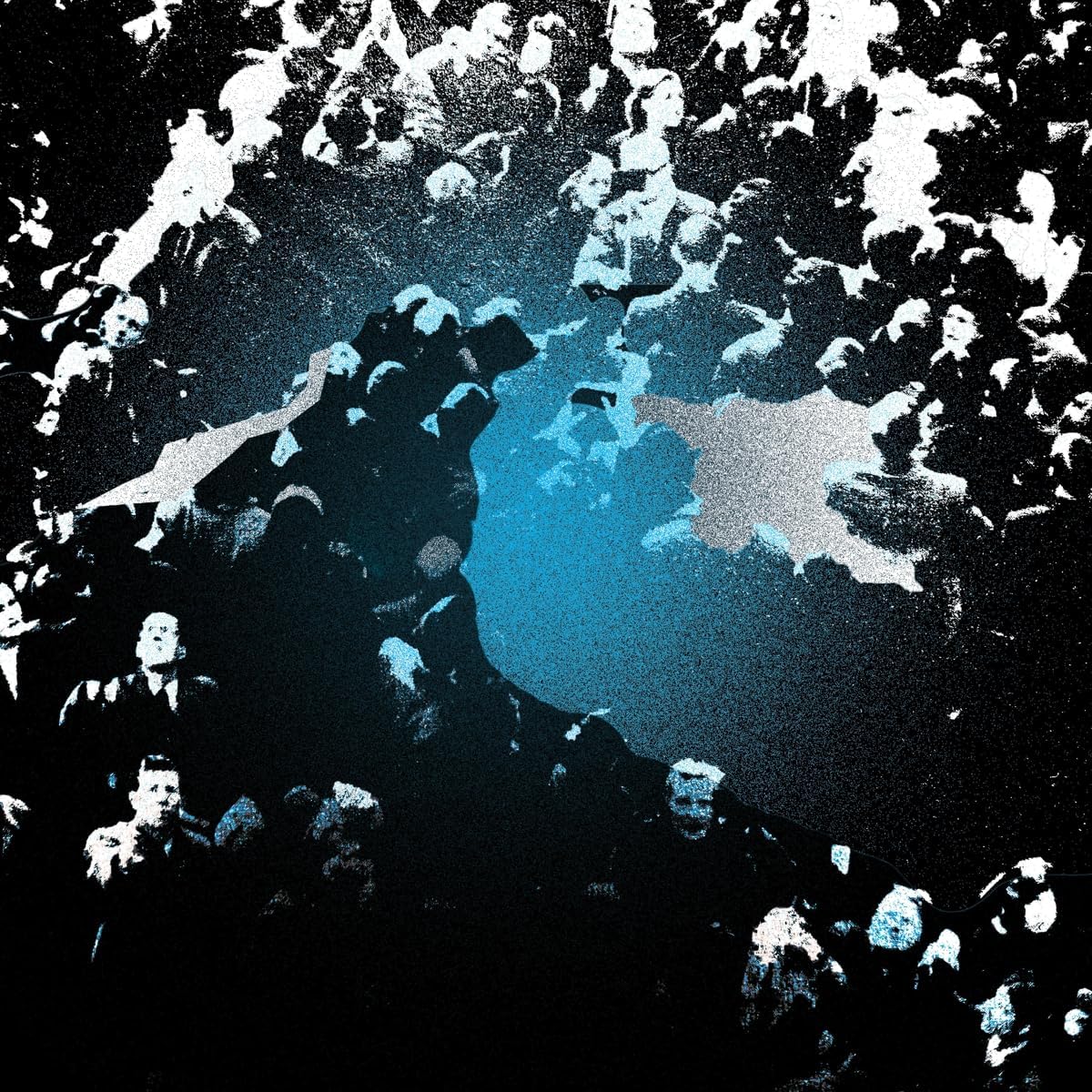 "Album cover with blue-toned central image surrounded by silhouetted figures in black and white."
