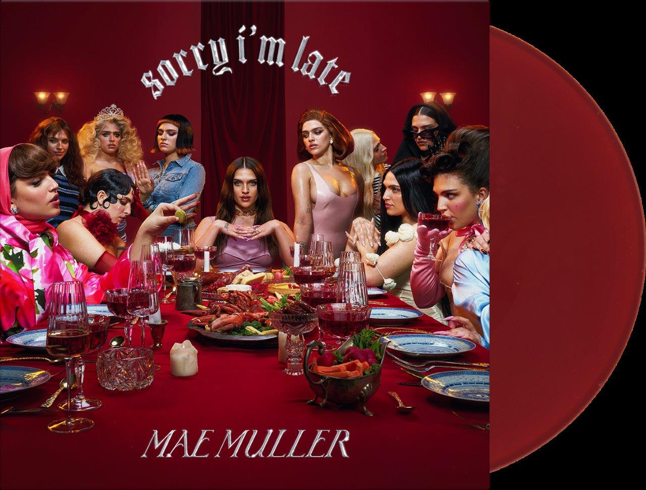 "Red vinyl record sleeve with women gathered around a dinner table, 'sorry i'm late' text."