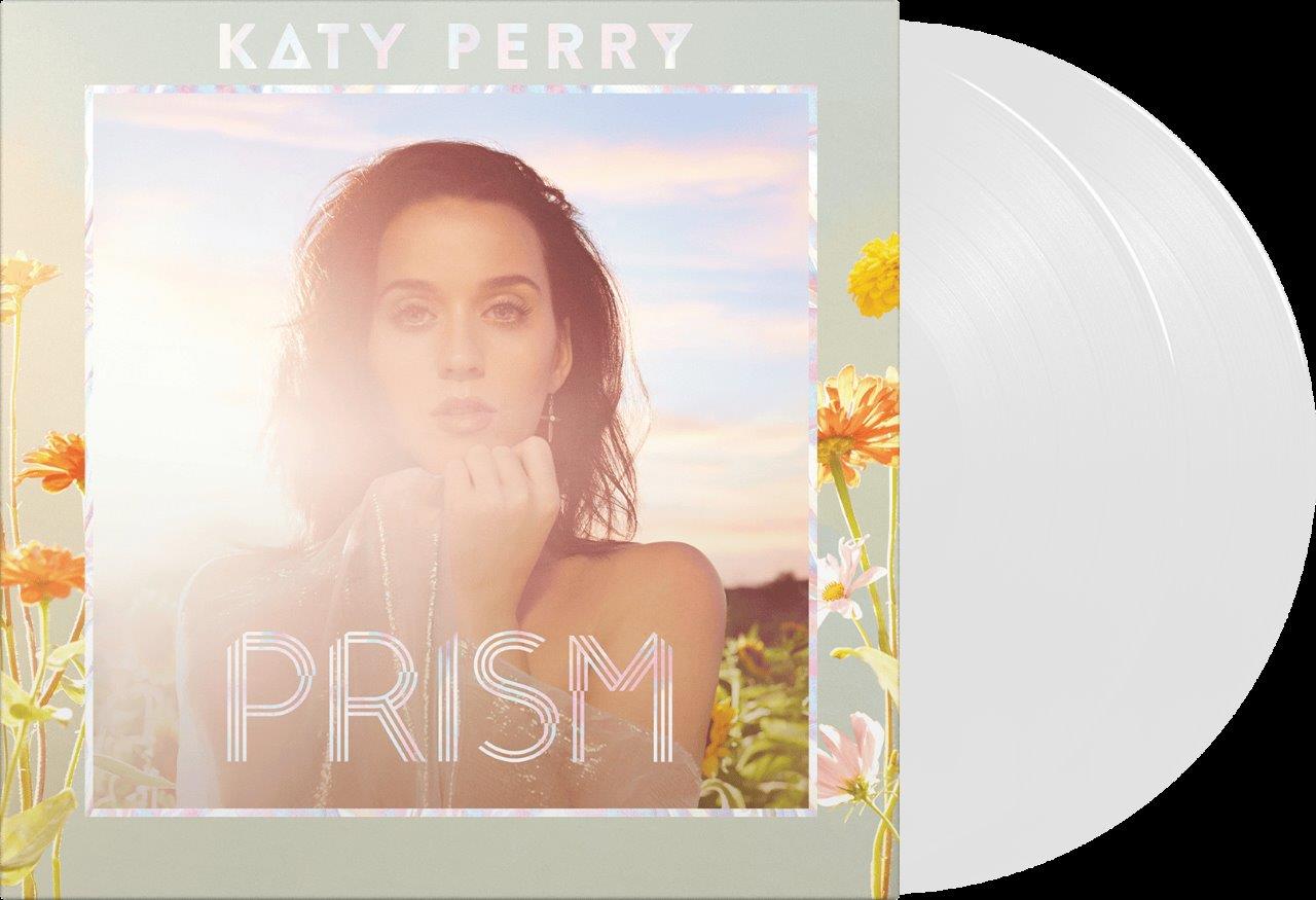 "Katy Perry's Prism album cover with clear vinyl record, featuring a woman surrounded by flowers."